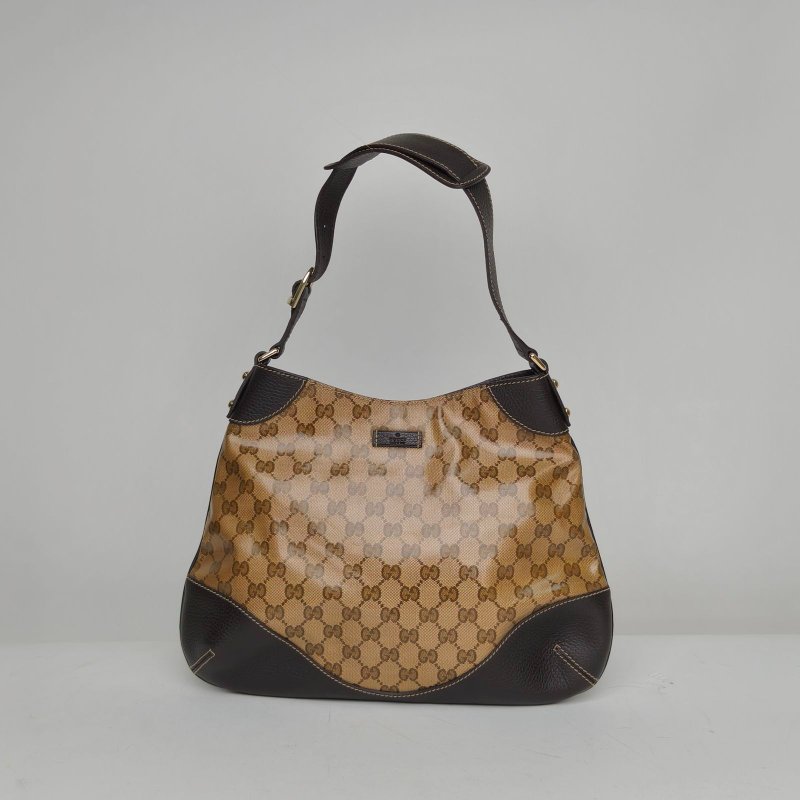 GUCCI 老花淺金扣水晶皮腋下包單肩包肩背包-0