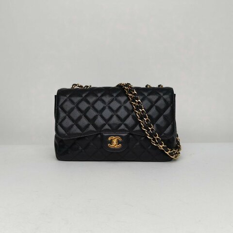 CHANEL CF口蓋包單蓋JUMBO30黑色荔枝牛皮12開金扣菱格紋肩背包