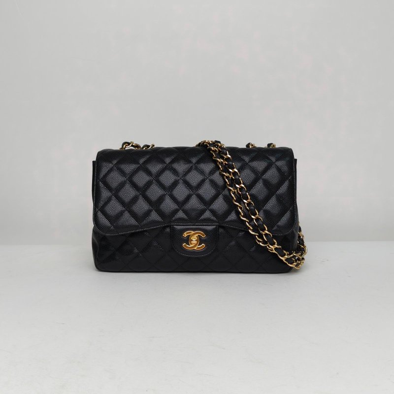 CHANEL CF口蓋包單蓋JUMBO30黑色荔枝牛皮12開金扣菱格紋肩背包-0