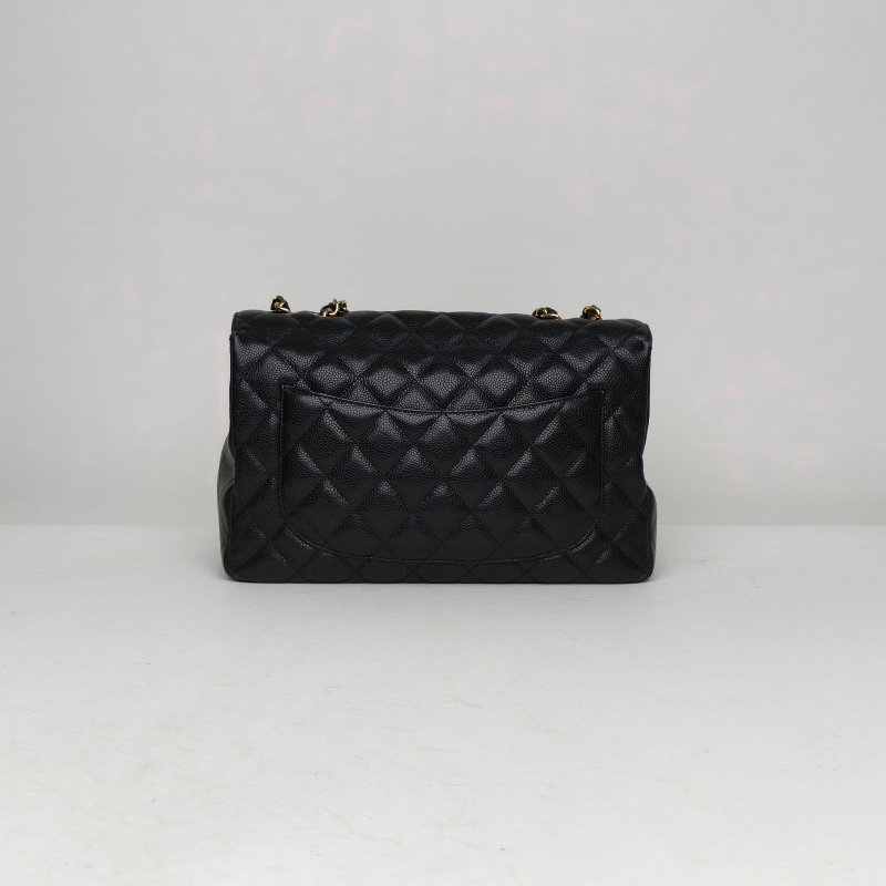 CHANEL CF口蓋包單蓋JUMBO30黑色荔枝牛皮12開金扣菱格紋肩背包-2