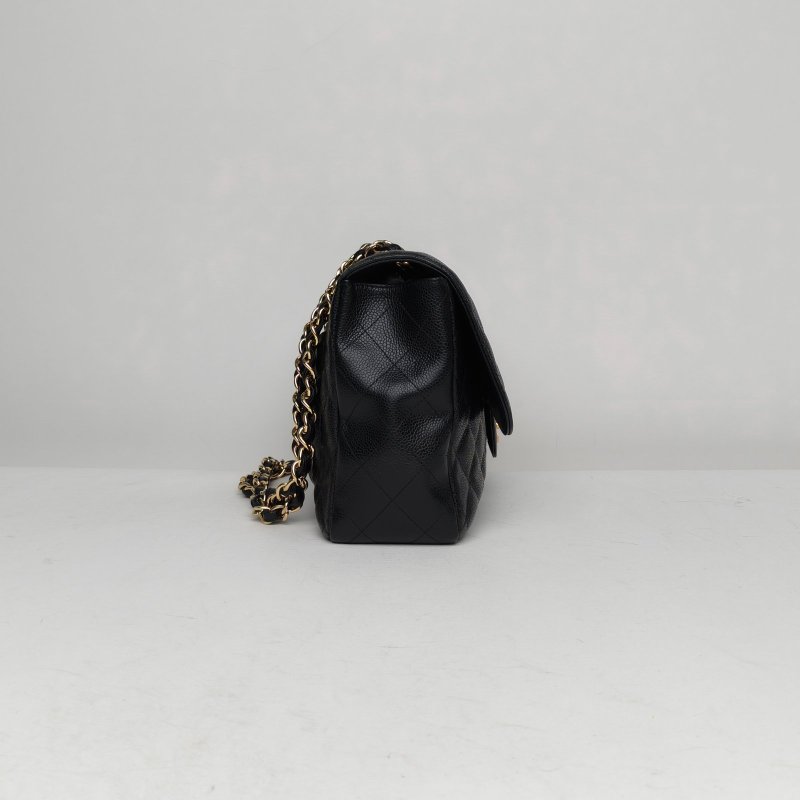 CHANEL CF口蓋包單蓋JUMBO30黑色荔枝牛皮12開金扣菱格紋肩背包-3