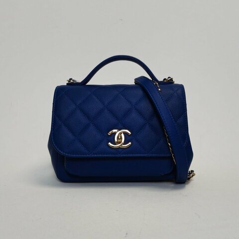 CHANEL BusinessAffinity口蓋郵差包配手柄小號19藍色荔枝牛皮29開金扣菱格紋肩背包