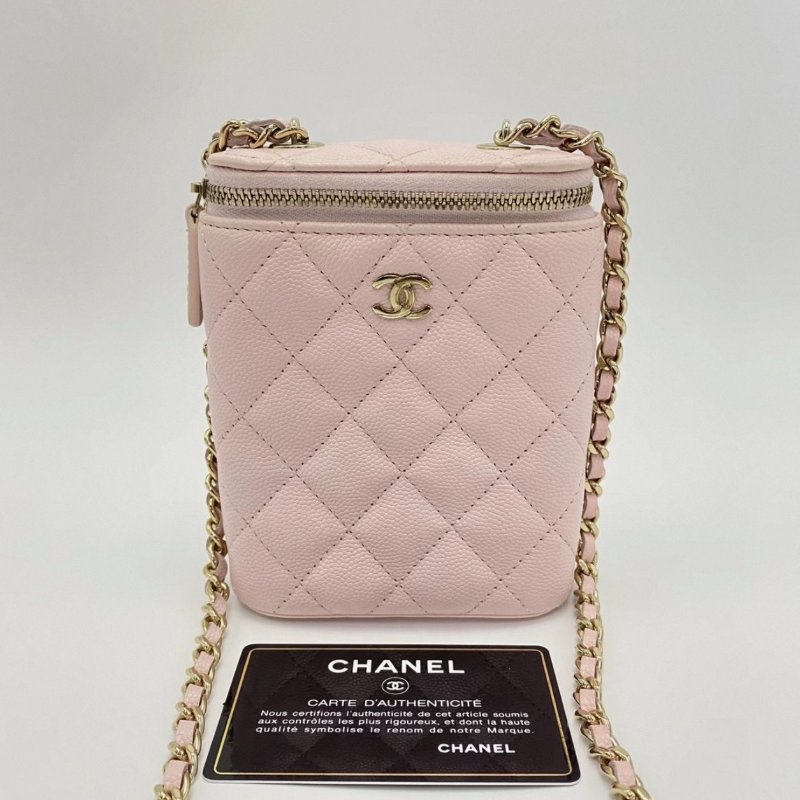 CHANEL 櫻花粉金菱格紋肩背斜背煙盒包10*13*4 98新配件保卡塵袋-0