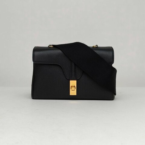 CELINE TeenSoft16寬肩帶黑色牛皮金扣肩背包