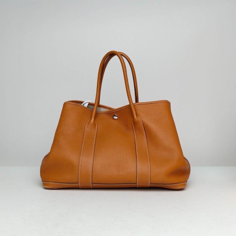 HERMES GardenParty花園包3637金棕色NEGONA皮A刻銀扣肩背包-0