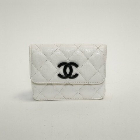 CHANEL 白色荔枝牛皮30開黑扣黑白熊貓配色腰包肩背包