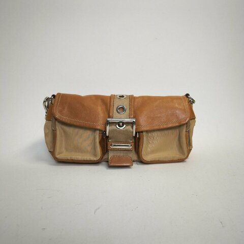 PRADA 拼色牛皮尼龍銀扣中古降落傘拼皮單肩斜挎包/肩背包