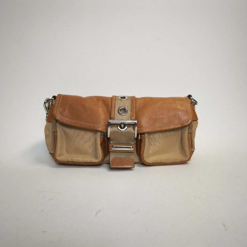 PRADA 拼色牛皮尼龍銀扣中古降落傘拼皮單肩斜挎包/肩背包-0