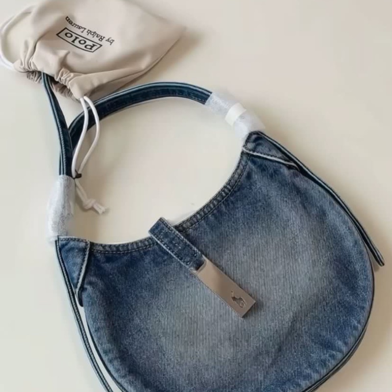 全🆕Polo Ralph Lauren Polo 金配件棉餃子包單肩包 藍色牛仔布-1