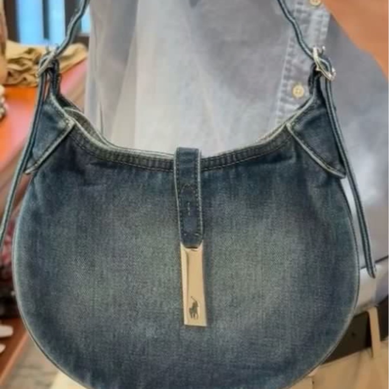 全🆕Polo Ralph Lauren Polo 金配件棉餃子包單肩包 藍色牛仔布-4