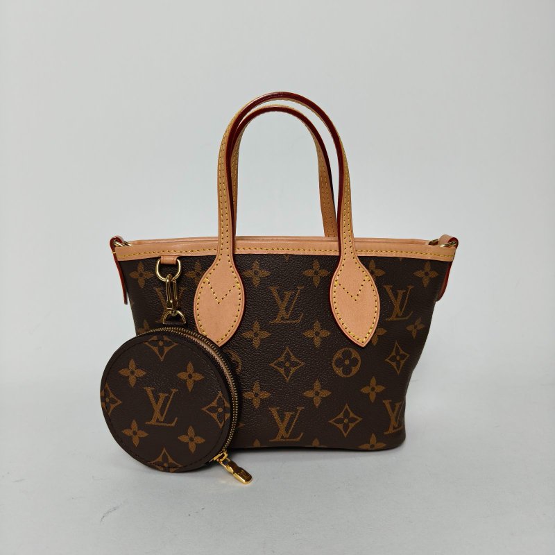 LOUIS VUITTON NeverfullBB24配子袋可拆卸米棕寬肩帶老花PVC金扣晶片肩背包-0