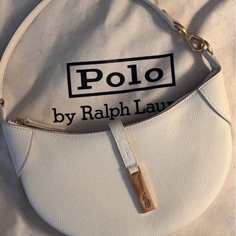 全🆕Polo Ralph Lauren Polo 標拉鍊搭扣開合餃子包皮革新月包單肩包迷你 mini象牙白色-0