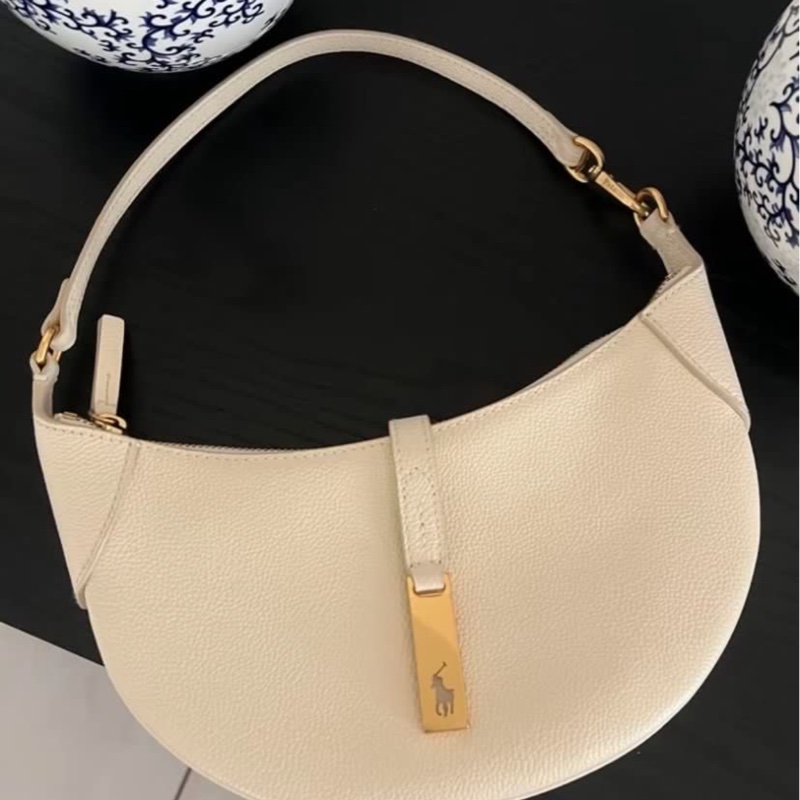 全🆕Polo Ralph Lauren Polo 標拉鍊搭扣開合餃子包皮革新月包單肩包迷你 mini象牙白色-1