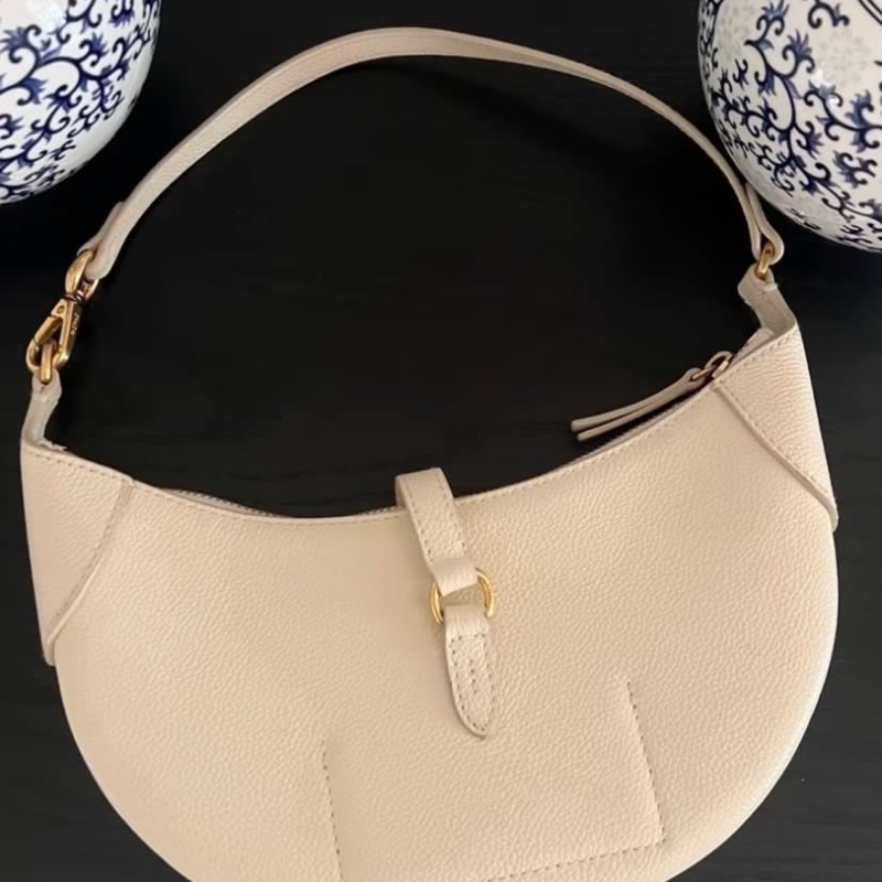 全🆕Polo Ralph Lauren Polo 標拉鍊搭扣開合餃子包皮革新月包單肩包迷你 mini象牙白色-2