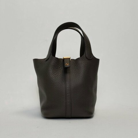 HERMES Picotin18菜籃子8F錫器灰TC皮D刻金扣肩背包