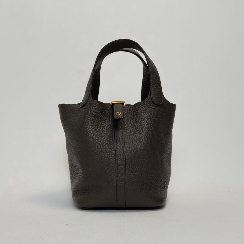 HERMES Picotin18菜籃子8F錫器灰TC皮D刻金扣肩背包-0