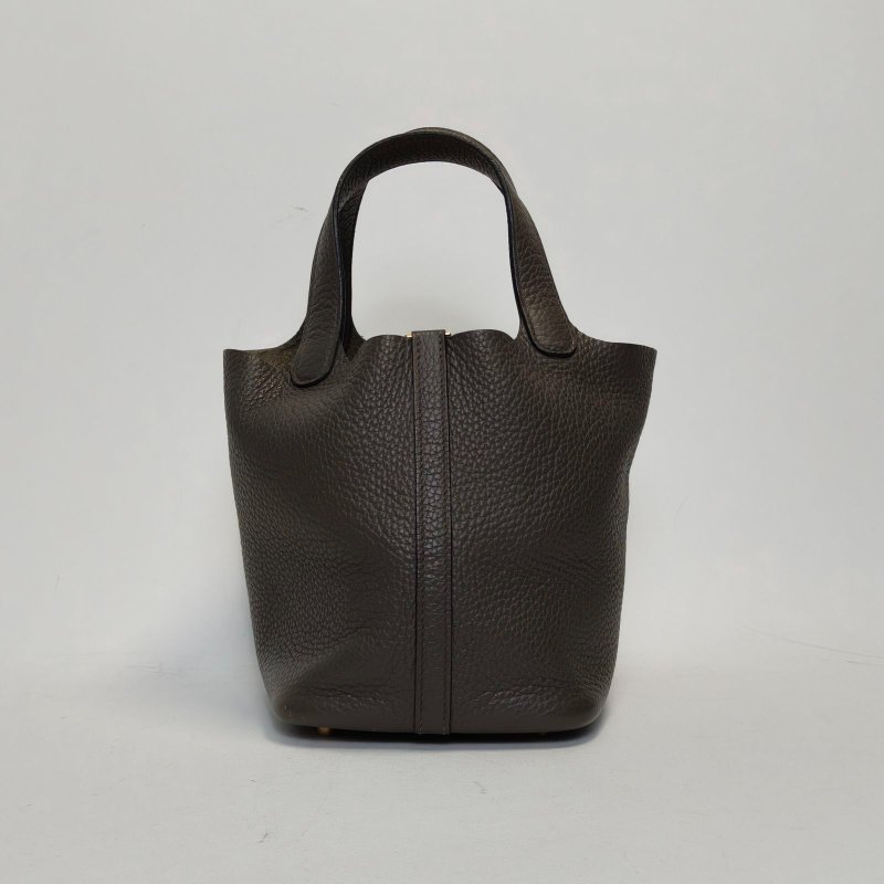 HERMES Picotin18菜籃子8F錫器灰TC皮D刻金扣肩背包-2