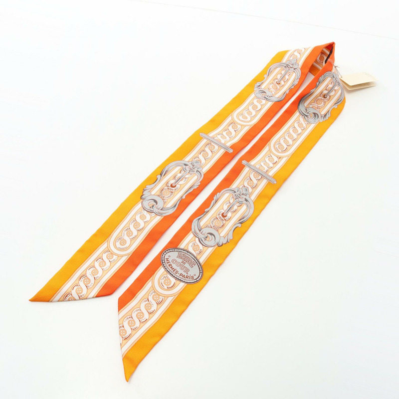 愛馬仕 Twilly BRIDE DE COUR 絲巾,橘色多色真絲,二手女款-3