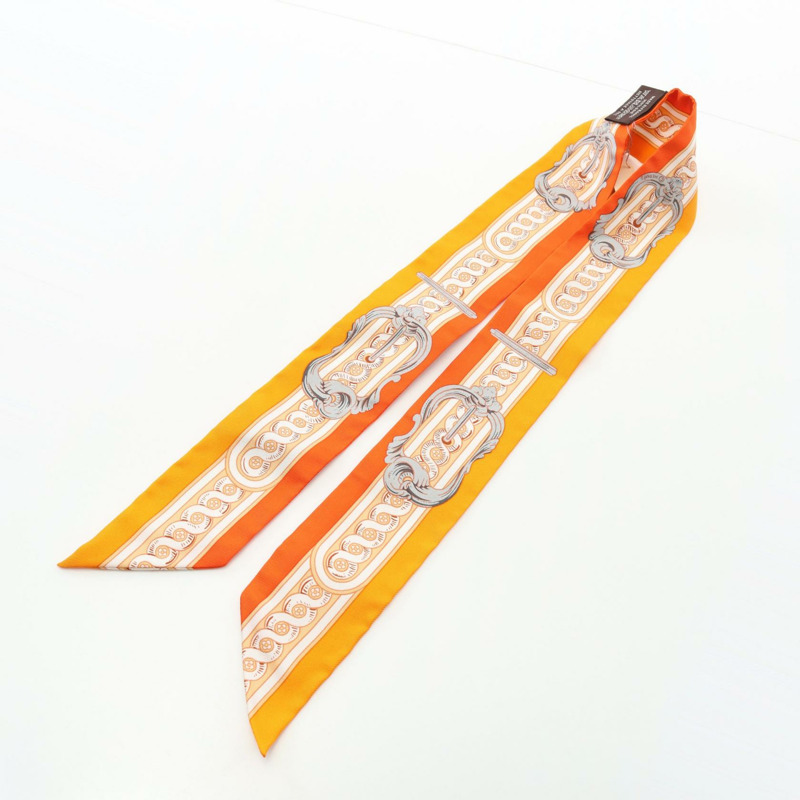 愛馬仕 Twilly BRIDE DE COUR 絲巾,橘色多色真絲,二手女款-4