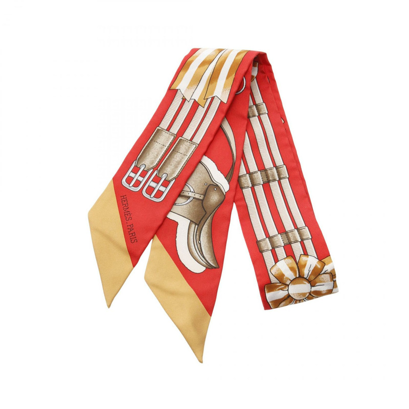 愛馬仕 Twilly JUMPING 絲巾，紅色米色多色真絲，二手女款-0