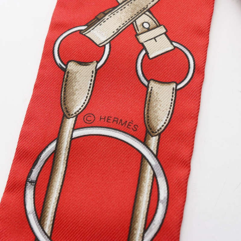 愛馬仕 Twilly JUMPING 絲巾，紅色米色多色真絲，二手女款-1