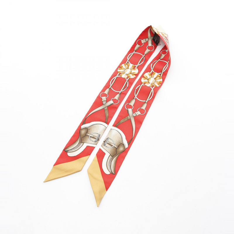 愛馬仕 Twilly JUMPING 絲巾，紅色米色多色真絲，二手女款-3