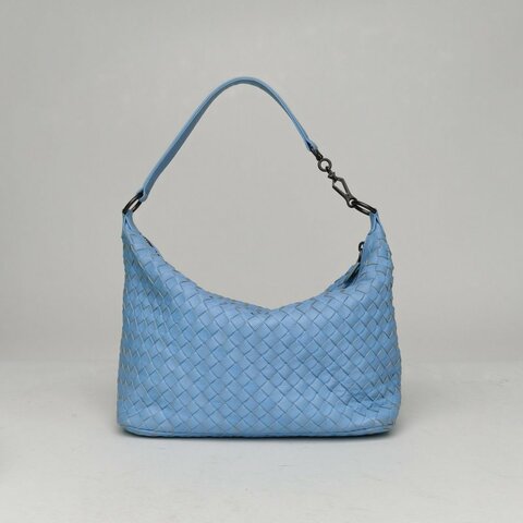 BOTTEGA VENETA 藍色羊皮經典編織飯盒包肩背包