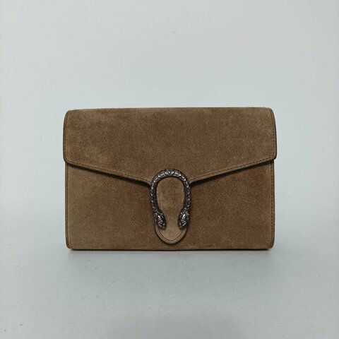 GUCCI 駝色麂皮銀扣Dionysus酒神Woc肩背包