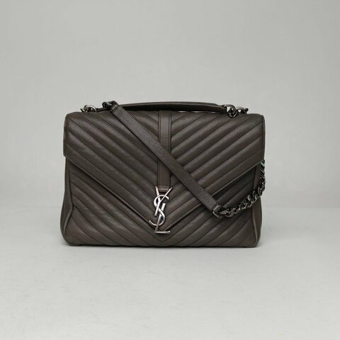 SAINT LAURENT College郵差包大號32深灰色牛皮銀扣肩背包