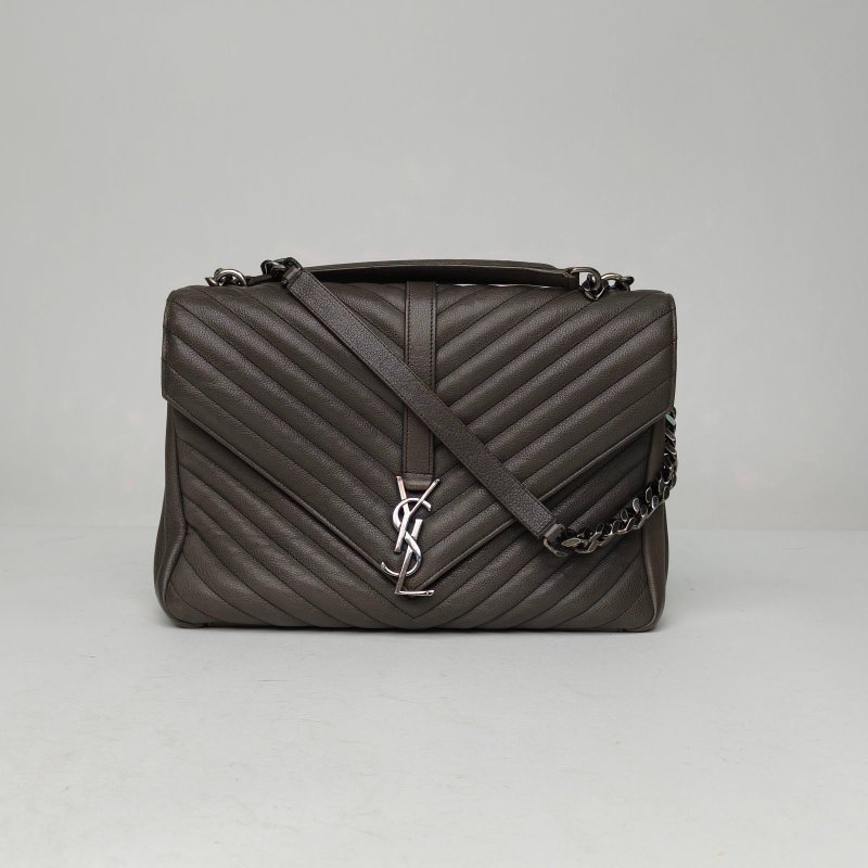 SAINT LAURENT College郵差包大號32深灰色牛皮銀扣肩背包-0