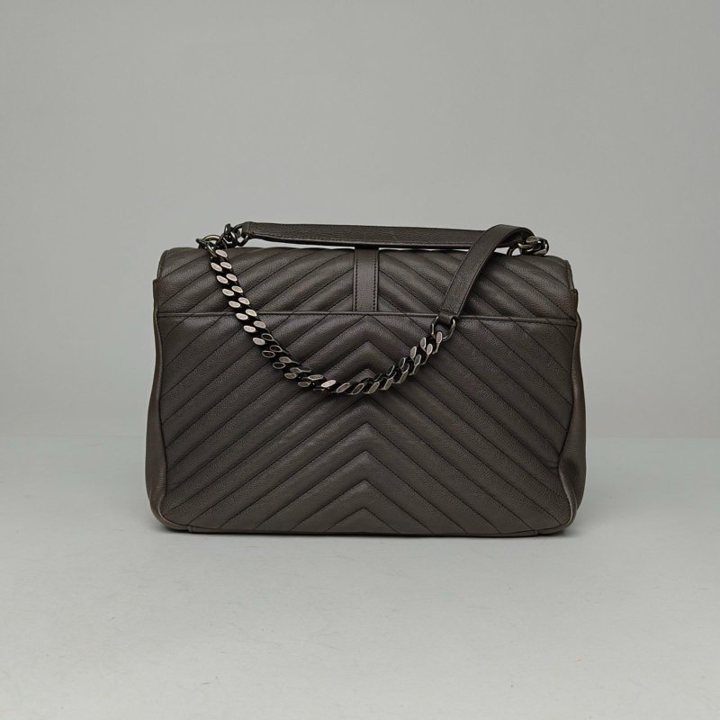 SAINT LAURENT College郵差包大號32深灰色牛皮銀扣肩背包-2