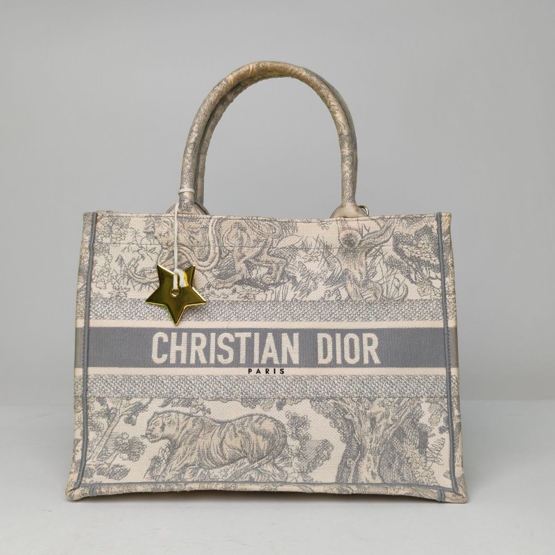 DIOR BookTote中號36灰色帆布2021動物園老虎刺繡肩背包-0