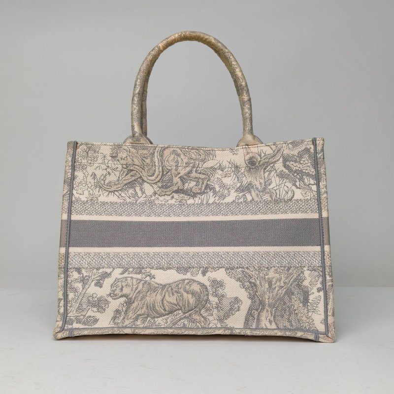 DIOR BookTote中號36灰色帆布2021動物園老虎刺繡肩背包-2