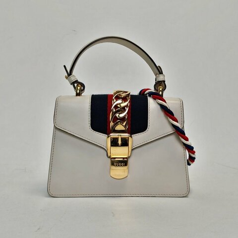GUCCI Sylvie塞爾維亞絲帶包皮手帶Mini20牛皮金扣白色肩背包