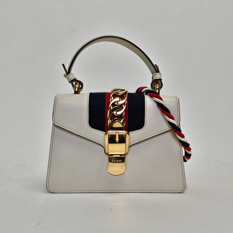 GUCCI Sylvie塞爾維亞絲帶包皮手帶Mini20牛皮金扣白色肩背包-0