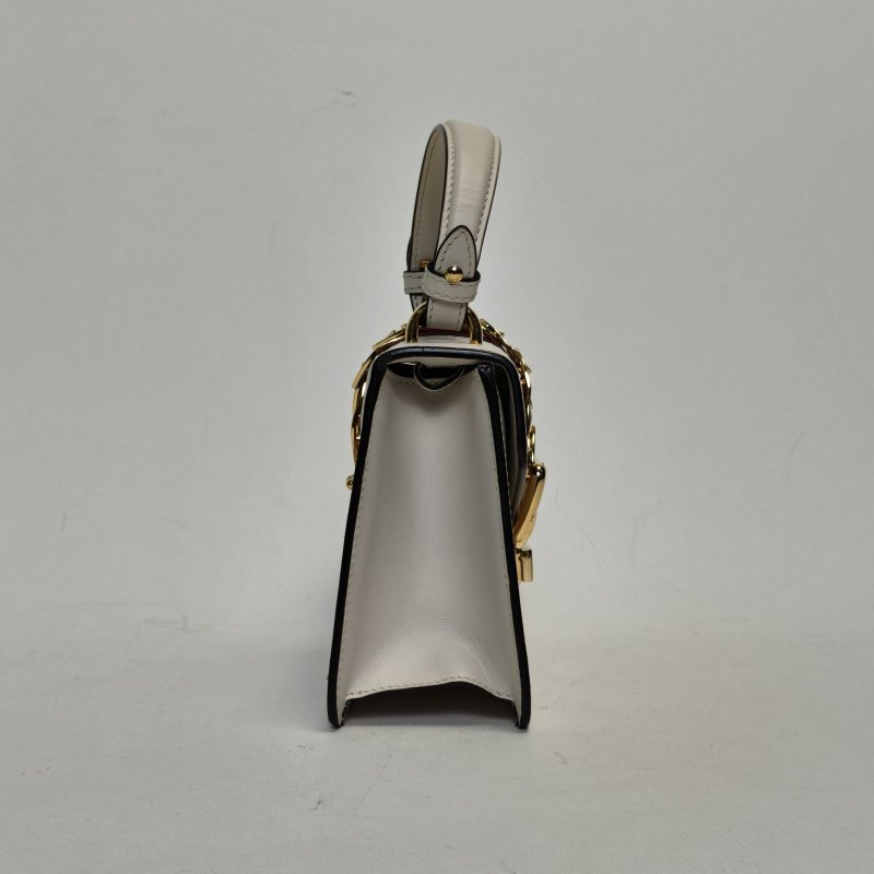 GUCCI Sylvie塞爾維亞絲帶包皮手帶Mini20牛皮金扣白色肩背包-3