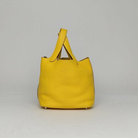 HERMES Picotin18菜籃子9O那不勒斯黃TC皮D刻銀扣肩背包