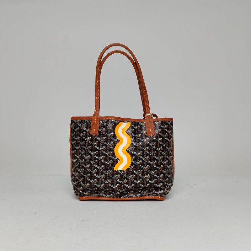 GOYARD Anjou雙面購物袋Mini20金棕色牛皮/帆布銀扣肩背包-0