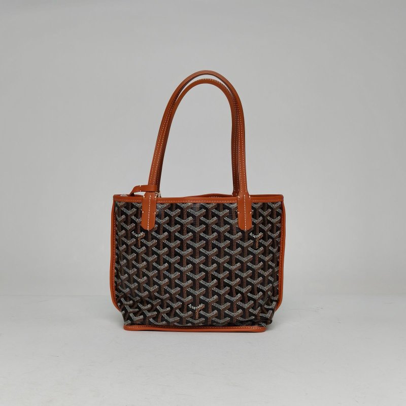 GOYARD Anjou雙面購物袋Mini20金棕色牛皮/帆布銀扣肩背包-2
