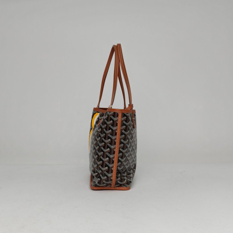 GOYARD Anjou雙面購物袋Mini20金棕色牛皮/帆布銀扣肩背包-3