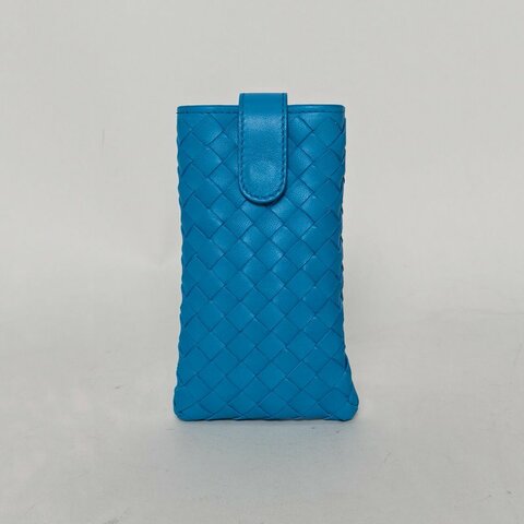 BOTTEGA VENETA 藍色羊皮手機包經典編織肩背包