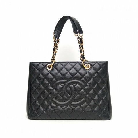 CHANEL GST購物袋小號33黑色荔枝牛皮15開金扣肩背包