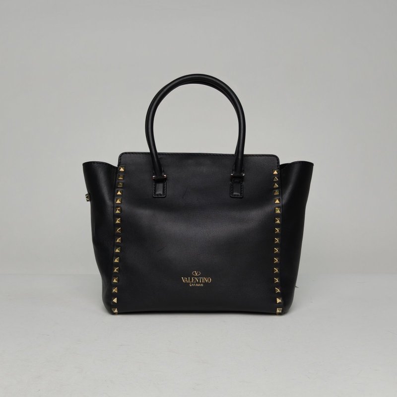 VALENTINO 鉚釘手提托特單肩包小號黑色牛皮淺金扣肩背包-2