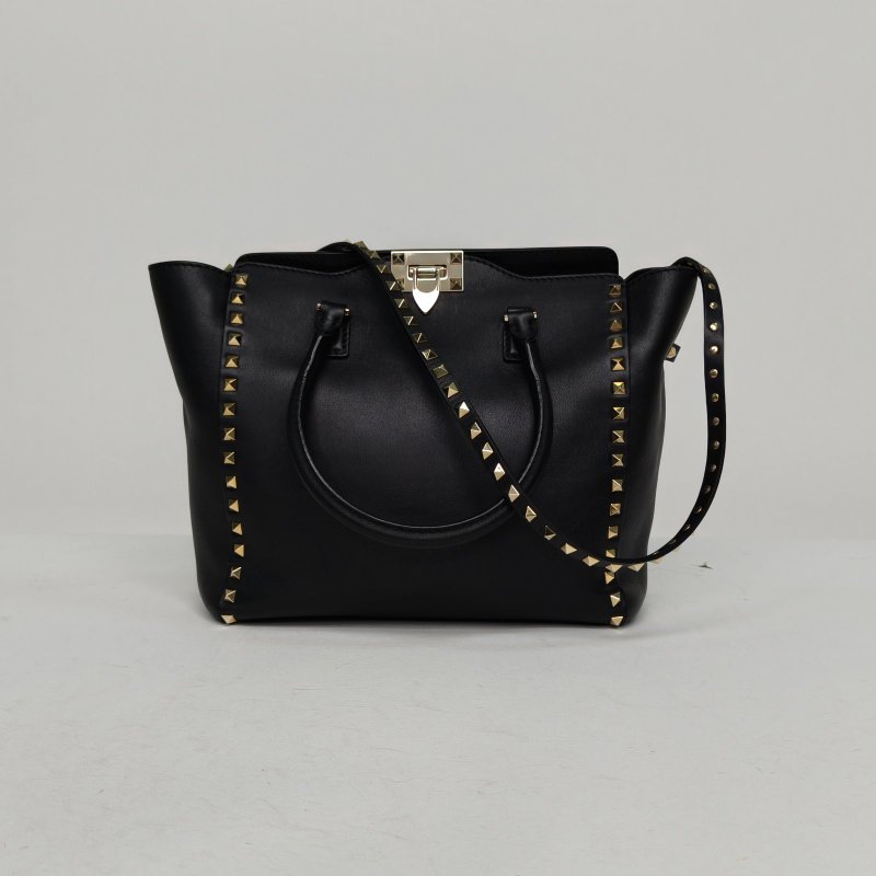VALENTINO 鉚釘手提托特單肩包小號黑色牛皮淺金扣肩背包-4
