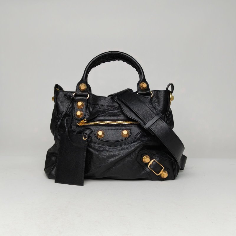 BALENCIAGA CLASSICVELO34機車包黑色羊皮金扣肩背包-0