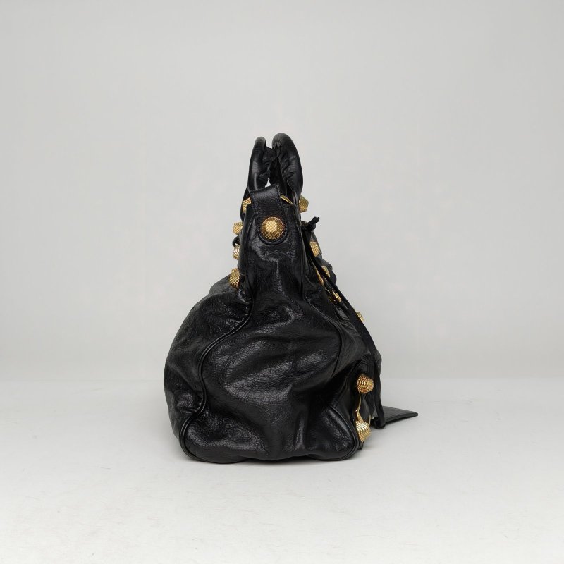 BALENCIAGA CLASSICVELO34機車包黑色羊皮金扣肩背包-3