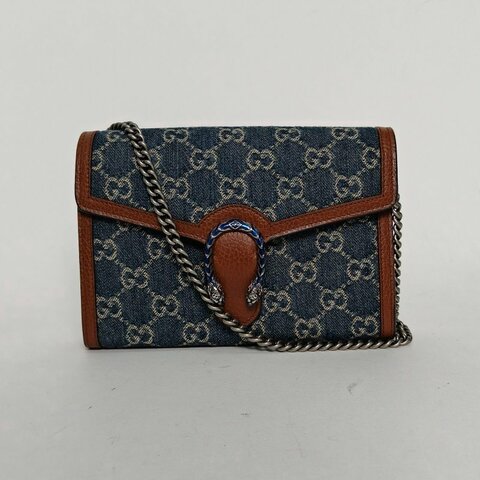 GUCCI Dionysus酒神Woc鑽扣牛仔藍牛仔布銀扣肩背包