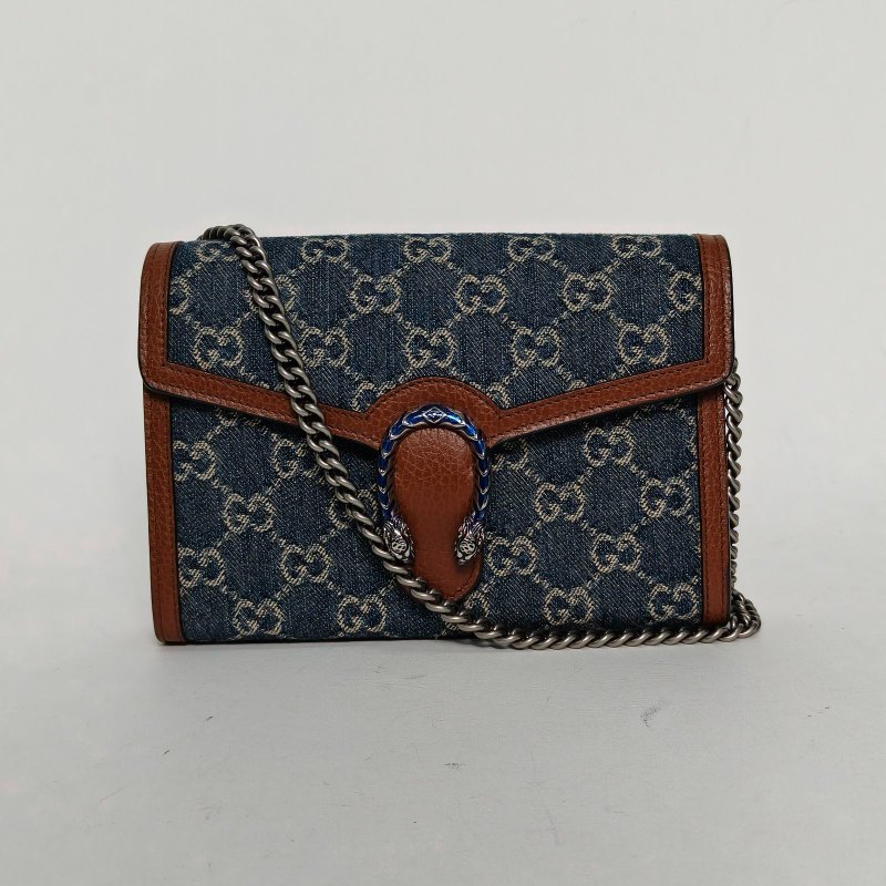 GUCCI Dionysus酒神Woc鑽扣牛仔藍牛仔布銀扣肩背包-0