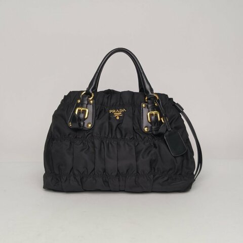 PRADA 黑色尼龍金扣褶皺手提包配可拆卸肩帶肩背包