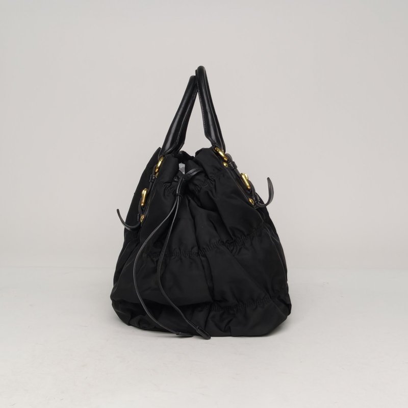 PRADA 黑色尼龍金扣褶皺手提包配可拆卸肩帶肩背包-3